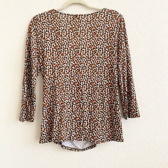 Talbots Faux Wrap Dotted Blue Brown Orange Blouse Long Sleeve Petite Large Top - Picture 9 of 9